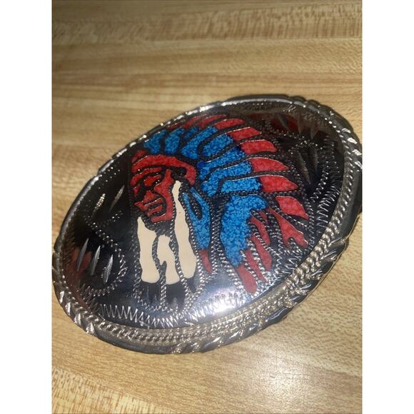 1988 Native American War Bonnet Belt Buckle Inlaid Turquoise Coral Sunset Trails - Picture 6 of 6